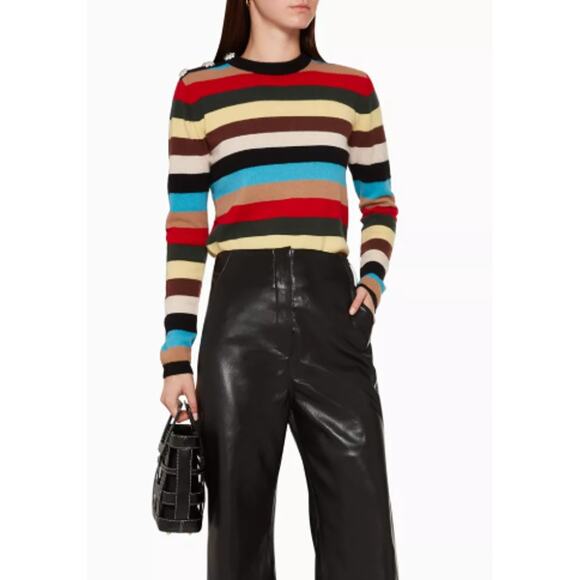GANNI Cashmere Stripe Sweater XS w/ Crystal Buttons Preppy Chic Quiet Luxury - Picture 1 of 10